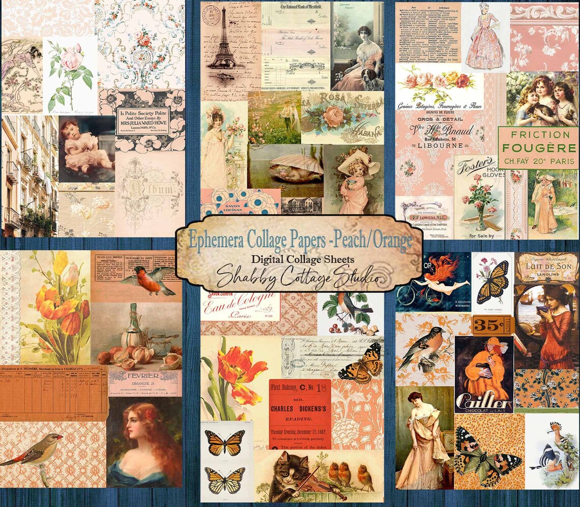 Ephemera Collage Papers Peach Orange - Printable Paper Pack - Digital ...