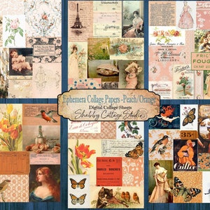 Ephemera Collage Papers Peach Orange - Printable Paper Pack - Digital Tear Sheet - Instant Download - Paper Craft - Journal Ephemera
