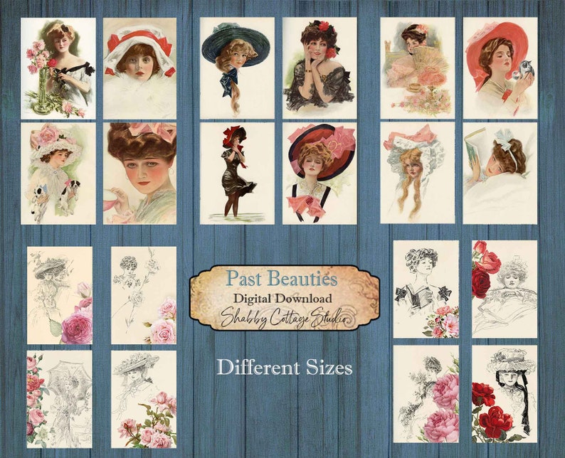 Peut inclure: Un collage d'images vintage repr&eacute;sentant des femmes dans diff&eacute;rentes poses et contextes. Les images sont en noir et blanc et en couleur, et certaines incluent des fleurs et d'autres &eacute;l&eacute;ments d&eacute;coratifs. Le texte "Past Beauties" et "Different Sizes" est visible en bas du collage.