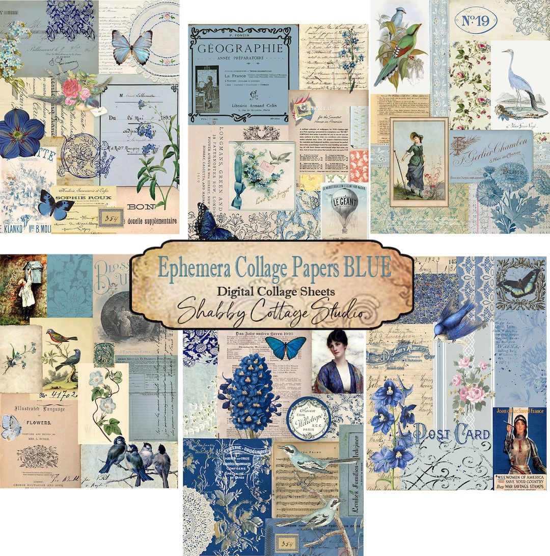 Ephemera Collage Papers Blue - Printable Paper Pack - Digital Tear ...