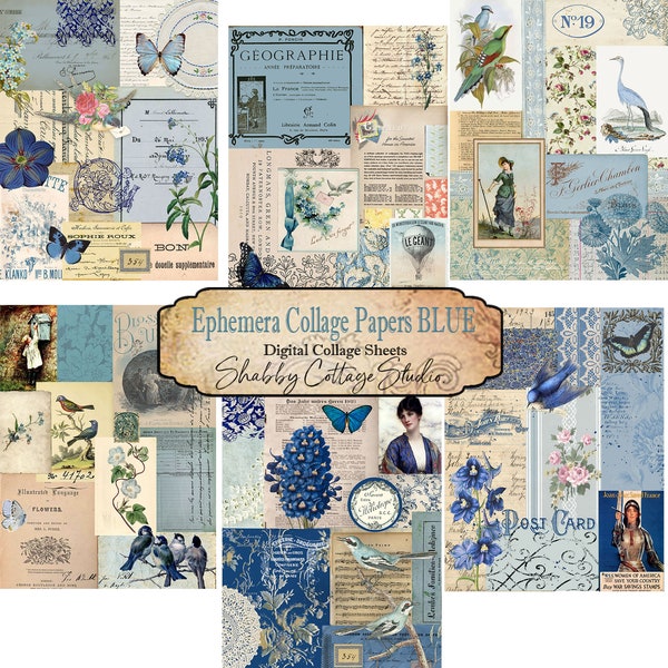 Ephemera Collage Papers Blue - Printable Paper Pack - Digital Tear Sheet - Instant Download - Scrapbooking Paper Craft - Journal Ephemera