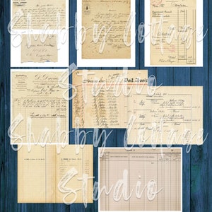 May include: A collection of vintage paper documents with handwritten text in French. The documents include invoices, receipts, and ledger pages. The paper is aged and yellowed, with some tears and creases. The documents are on a blue wooden background.