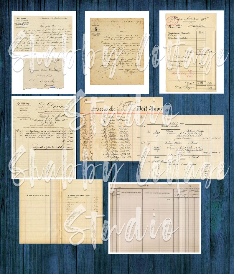 May include: A collection of vintage paper documents with handwritten text in French. The documents include invoices, receipts, and ledger pages. The paper is aged and yellowed, with some tears and creases. The documents are on a blue wooden background.