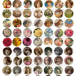 Puede incluir: Un conjunto de 48 im&aacute;genes digitales redondas de papel de scrapbooking de estilo vintage. Las im&aacute;genes presentan p&aacute;jaros, flores, nidos y mujeres con ropa vintage. Las im&aacute;genes son perfectas para agregar un toque de encanto vintage a tus proyectos de scrapbooking digitales.