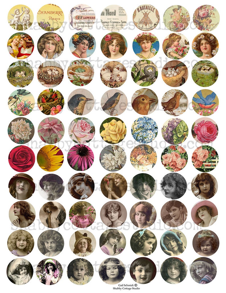 Puede incluir: Un conjunto de 48 im&aacute;genes digitales redondas de papel de scrapbooking de estilo vintage. Las im&aacute;genes presentan p&aacute;jaros, flores, nidos y mujeres con ropa vintage. Las im&aacute;genes son perfectas para agregar un toque de encanto vintage a tus proyectos de scrapbooking digitales.