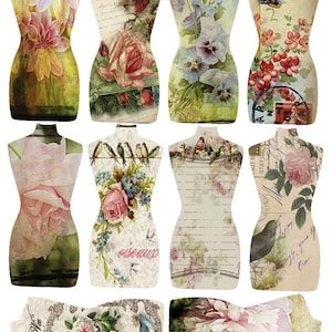 Może przedstawiać: Dziewięć form do szycia w stylu vintage z kwiatowymi i ptasimi wzorami. Formy do szycia są wykonane z papieru i mają postarzony wygląd. Niektóre z form do szycia mają na sobie tekst, w tym "La Vie" i "oiseaux".