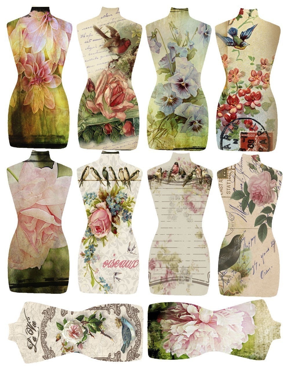 INSTANT DOWNLOAD DIGITAL Torso Tags Floral and Birds