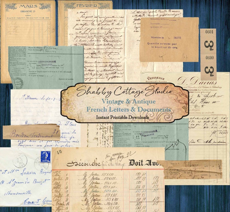 May include: A collection of vintage French letters and documents, including handwritten notes, receipts, and a page from a ledger. The documents are printed on aged paper with faded ink and have a distressed, antique look. The documents are arranged on a blue wooden background.