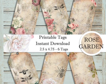 Rosengarten Digitale Tags - Grungy Floral Printables - Instant Download - Geschenkanhänger - Journal Tags - Papier Basteln - Digital Collage Sheet