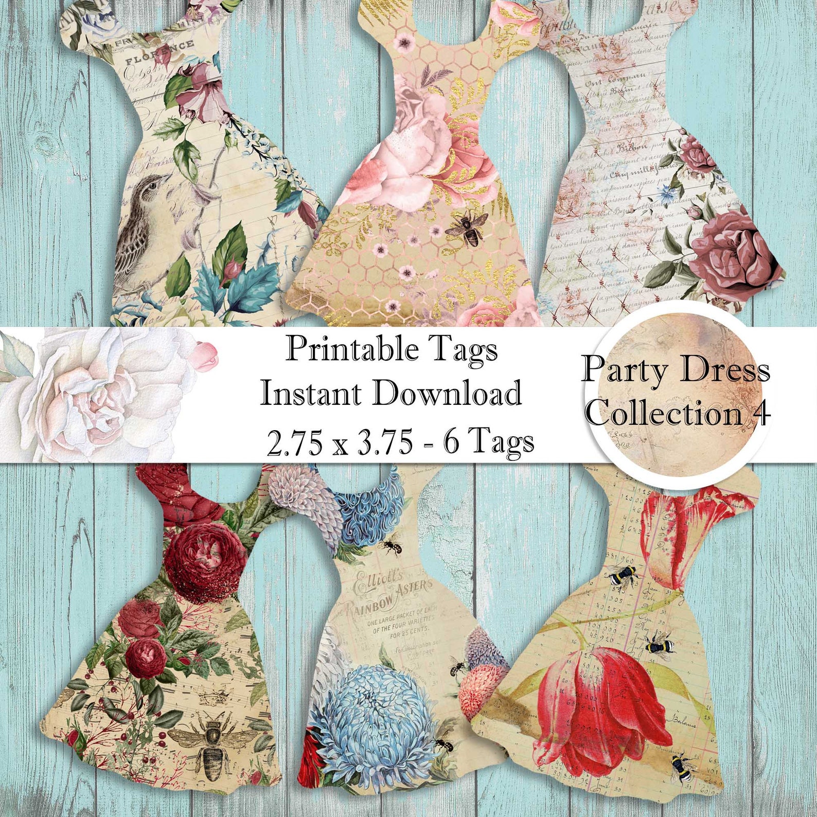 Digital Collage Sheet Printable Download - Party Dress Shape Tags ...