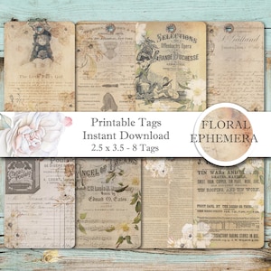 Floral Ephemera Tags Printable Download  - Digital Collage - Gift Tags - Instant Digital Download -  Printable Paper Crafting - Journal Tags