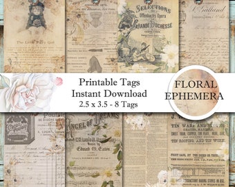 Florale Ephemera Tags Printable Download - Digital Collage - Geschenkanhänger - Instant Digital Download - Druckbare Papier basteln - Journal Tags