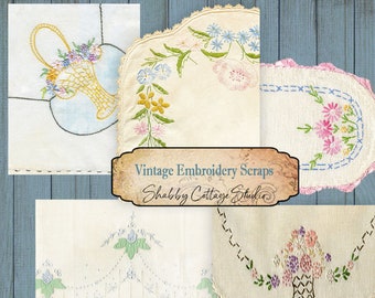 Printable Vintage Embroidery Scraps - Digital Download Linen Embroidery -  Ephemera for Junk Journal Kit - Paper crafting Embellishments