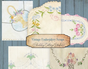 Printable Vintage Embroidery Scraps - Digital Download Linen Embroidery -  Ephemera for Junk Journal Kit - Paper crafting Embellishments