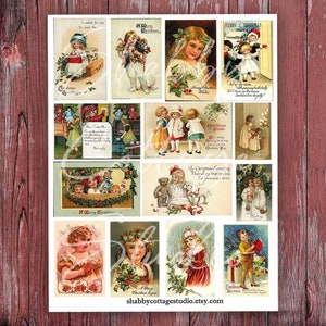 May include: A digital collage of vintage Christmas postcards featuring children, animals, and holiday greetings. The postcards are arranged in a grid pattern on a red wooden background.