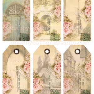 DOWNLOAD INSTANTÂNEO Folha de colagem digital TAGS Cartão postal francês Cena floral Rosa Paris Shabby Cottage