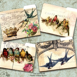 DIGITAL Download Birdy Mini File Folders Birds Roses Florals French Script Scrapbooking Paper Crafts