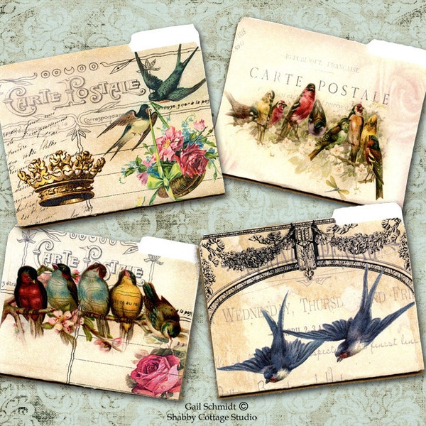 DIGITAL Download Birdy Mini File Folders Birds Roses Florals French Script Scrapbooking Paper Crafts