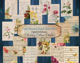 Floral Botanical Book and Music Sheet Printables - Digital Ephemera for Junk Journal Kit - Paper Crafting - Collage Sheet - Instant Download