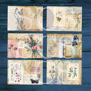 Puede incluir: Seis papeles digitales de estilo vintage con ilustraciones florales y bot&aacute;nicas. Los papeles presentan una variedad de patrones florales, incluyendo rosas, iris y nomeolvides. Los papeles tambi&eacute;n incluyen texto y otros elementos decorativos, como encaje y cintas.