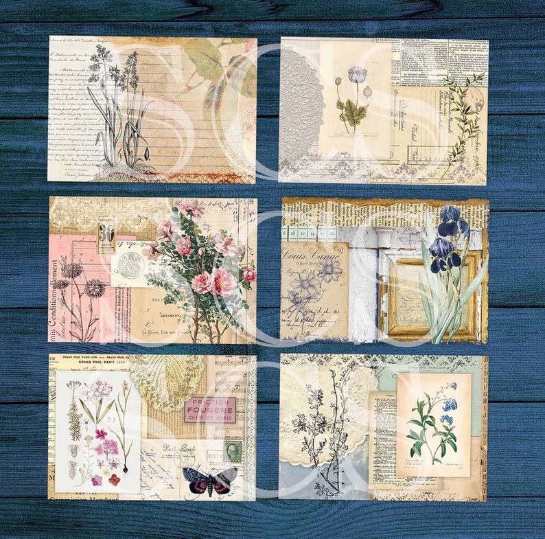 Puede incluir: Seis papeles digitales de estilo vintage con ilustraciones florales y bot&aacute;nicas. Los papeles presentan una variedad de patrones florales, incluyendo rosas, iris y nomeolvides. Los papeles tambi&eacute;n incluyen texto y otros elementos decorativos, como encaje y cintas.