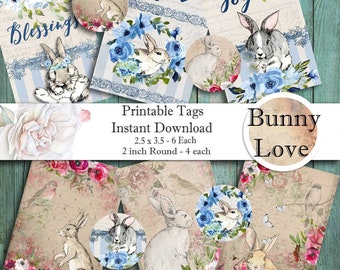 Digital Collage Sheet Printable Download BUNNY LOVE - Gift Tags - Jewelry Holders - Easter Tags - Scrapbooking and Paper Crafting