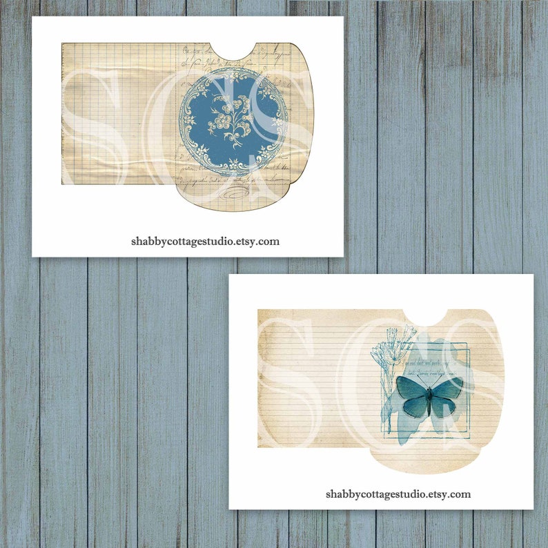 May include: Two printable vintage style gift card envelopes with a blue and white floral design and a blue butterfly design. The envelopes are on a white background with the website shabbycottagestudio.etsy.com printed at the bottom.