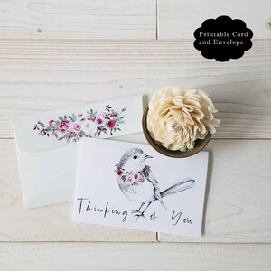 Instant Digital Download Blank Card with Envelope - Thinking of You Printable Greeting Card - Ready to Print and Cut - Bird with Flowers