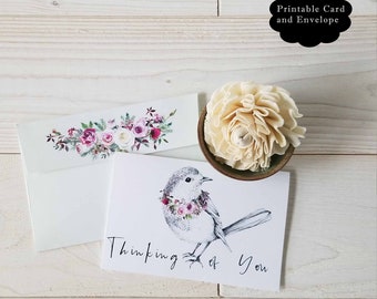 Instant Digital Download Blank Card with Envelope - Thinking of You Printable Greeting Card - Ready to Print and Cut - Bird with Flowers