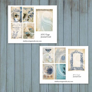 May include: A set of printable digital collage sheets with vintage style images and text. The sheets feature blue and white colors with floral and bird designs. The text on the sheets reads "ATC/Tags Journal Card" and "shabbycottagestudio.etsy.com".