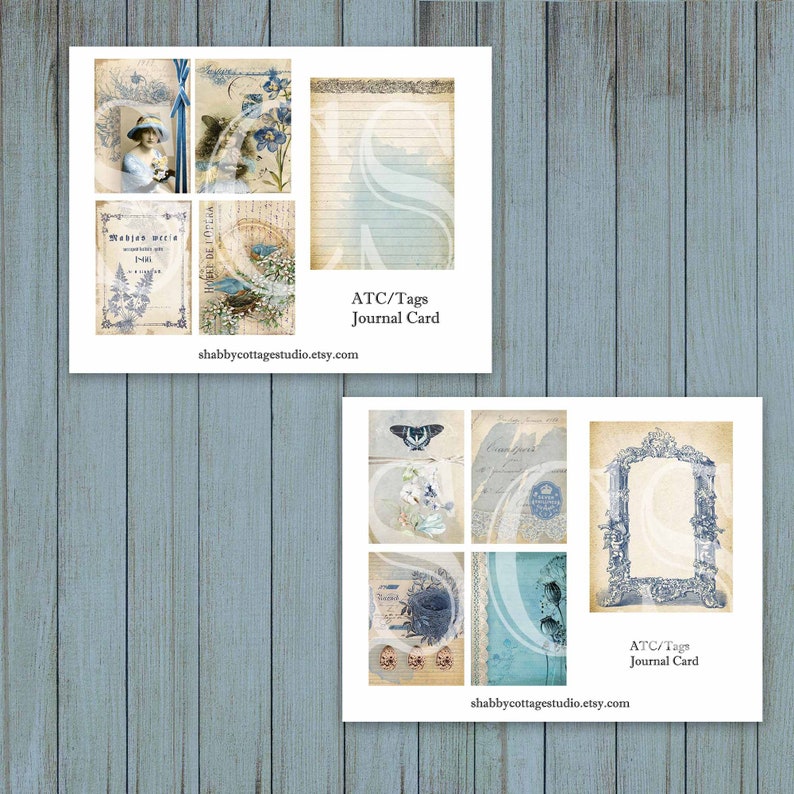 May include: A set of printable digital collage sheets with vintage style images and text. The sheets feature blue and white colors with floral and bird designs. The text on the sheets reads "ATC/Tags Journal Card" and "shabbycottagestudio.etsy.com".