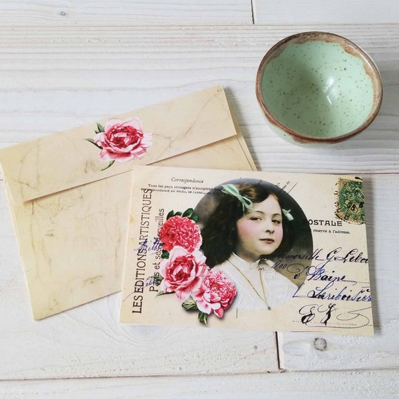 Instant Download  Digital  Blank Card with Envelope - Vintage Style French Postcard - Printable Greeting Card - Print and Cut