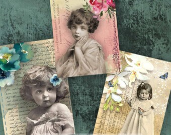 Efímeras infantiles antiguas: Hoja de collage digital ATC (descarga imprimible)