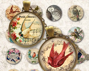 Vintage Birds PRINTABLE 1.5 inch Circle images Great for Pendants,  bottle caps,  bezels and magnets