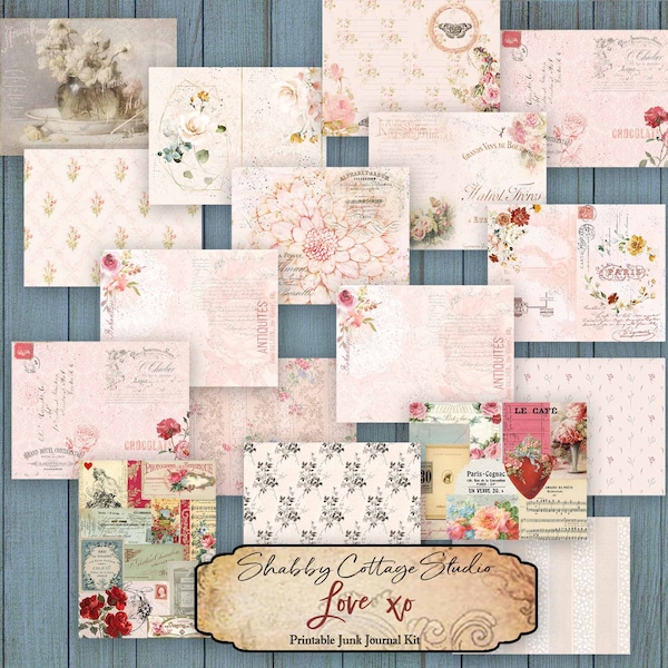 Printable Romantic Junk Journal Kit - Shabby Chic Digital Junk Journal Kit - Pink Digital Papers - Feminine Digital Ephemera