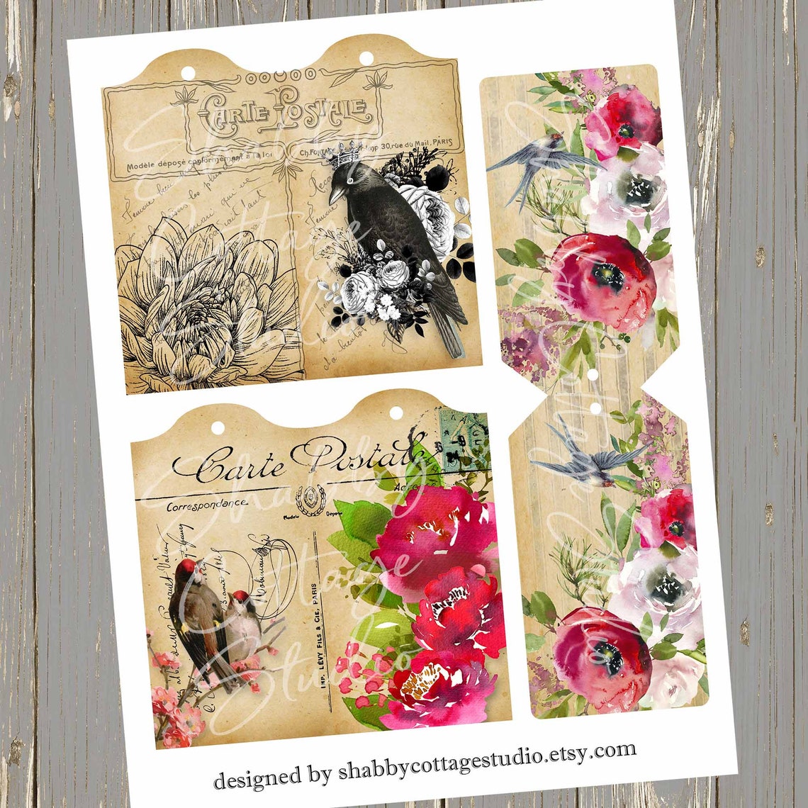 Foldable Birds and Flowers Tags Instant Printables Digital - Etsy