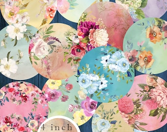 Floral Circle Stickers Collage Sheet  - Print Yourself for Magnets or Coasters - Sticker Sheet - 4.1 inch Diameter - Shabby Cottage Studio
