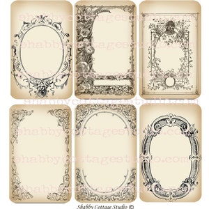 May include: Six vintage-style printable frames with ornate black and white designs. The frames are on a cream background. The frames are perfect for adding a touch of vintage charm to your projects.