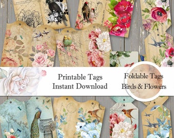 Foldable Birds and Flowers Tags - Instant Printables Digital Download - Paper Crafting - Scrapbooking Ephemera - Hang or Gift Tags