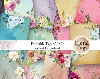 Floral ATC's Printable Collage Sheet  - Instant Digital Download - Gift Tags - Paper Crafting - Hang Tag - Jewelry Tags