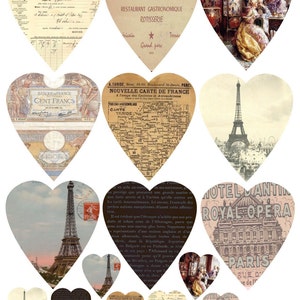 Download instantâneo folha de colagem digital corações efêmeras francesas paris torre eiffel tags scrapbopoking papel artesanato cartões de felicitações