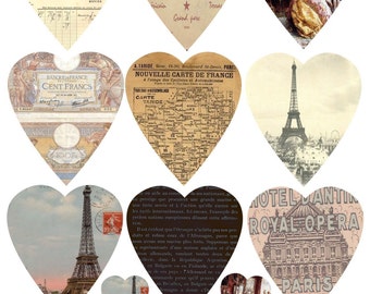 INSTANT DOWNLOAD DIGITAL Collage Sheet French Ephemera Hearts Paris Eiffel Tower Tags Scrapbopoking Paper Crafts Greeting Cards