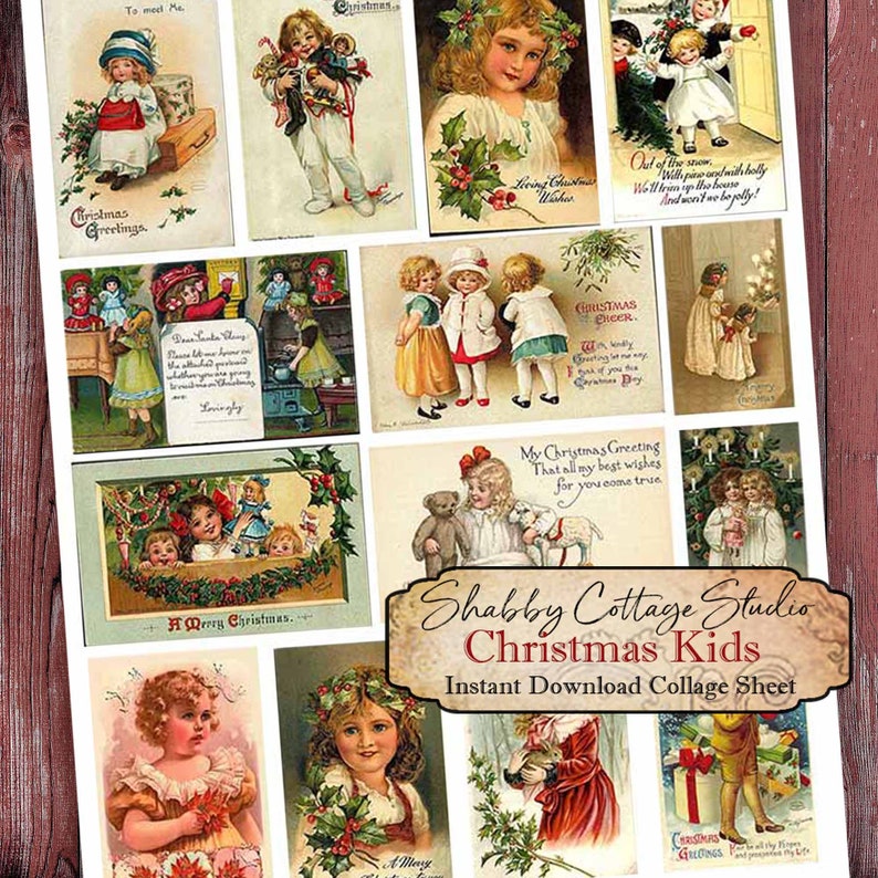 May include: A digital collage sheet featuring vintage illustrations of children celebrating Christmas. The images include children holding gifts, wearing festive clothing, and enjoying the holiday season. The text "Shabby Cottage Studio Christmas Kids Instant Download Collage Sheet" is displayed at the bottom of the sheet.