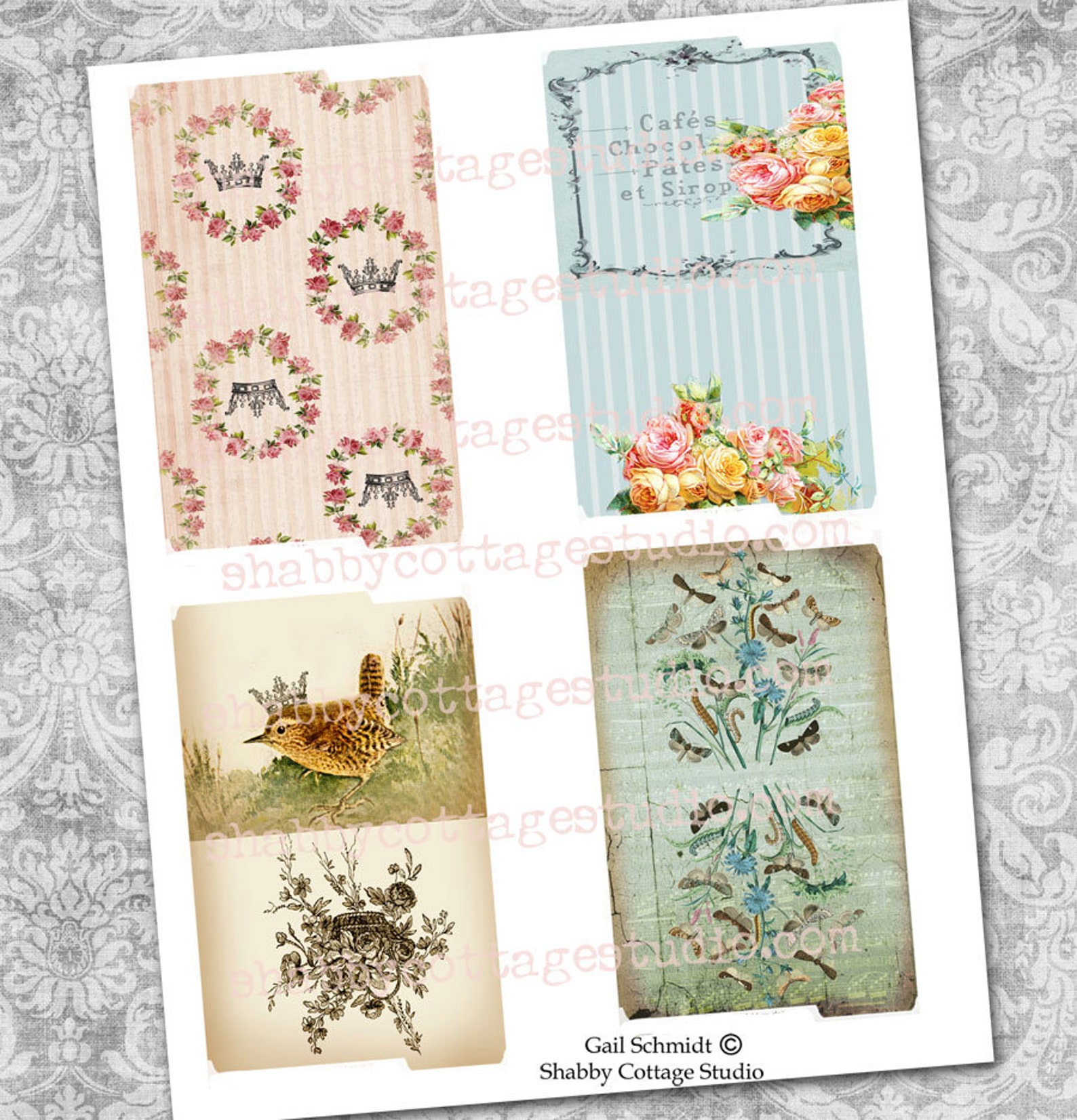 DIGITAL Download Potpourri Mini File Folders Birds Roses Crowns ...
