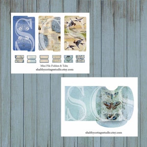 May include: Printable digital download of mini file folders and tabs with a blue and white color scheme. The design features butterflies and birds. The text "Mini File Folders & Tabs" and "shabbycottagestudio.etsy.com" is included.