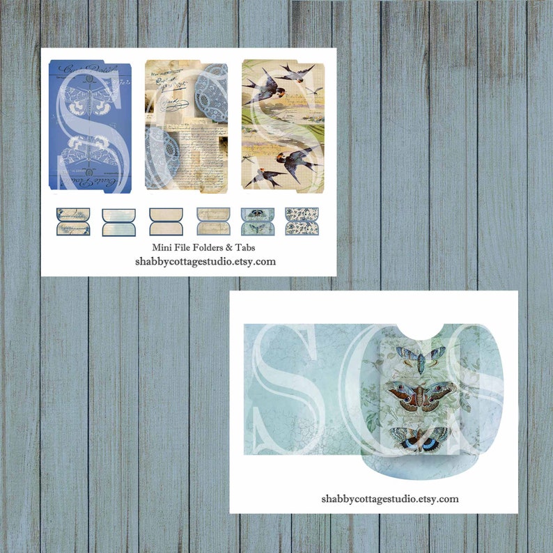 May include: Printable digital download of mini file folders and tabs with a blue and white color scheme. The design features butterflies and birds. The text "Mini File Folders & Tabs" and "shabbycottagestudio.etsy.com" is included.