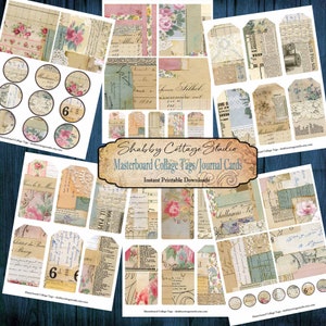 May include: A set of printable digital collage tags and journal cards featuring a shabby chic aesthetic. The designs include floral patterns, handwritten text, and vintage textures in shades of beige, pink, and blue.