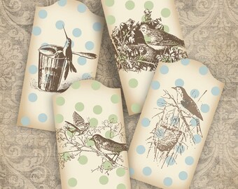 Oiseaux et Polka Dot Tags INSTANT DOWNLOAD Digital TAGS U Print Scrapbooking Mixed Media Paper Crafting Cottage Whimsey Hang Tags Étiquettes cadeaux