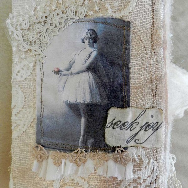 RESERVED FOR LYDIE Seek Joy  Mixed Media Fabric and Paper Journal Book