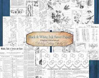 Ink Saver Black and White  Collage Papers - Digital Download - Printable Journal Papers - Stamp Paper - Junk Journal Ephemera